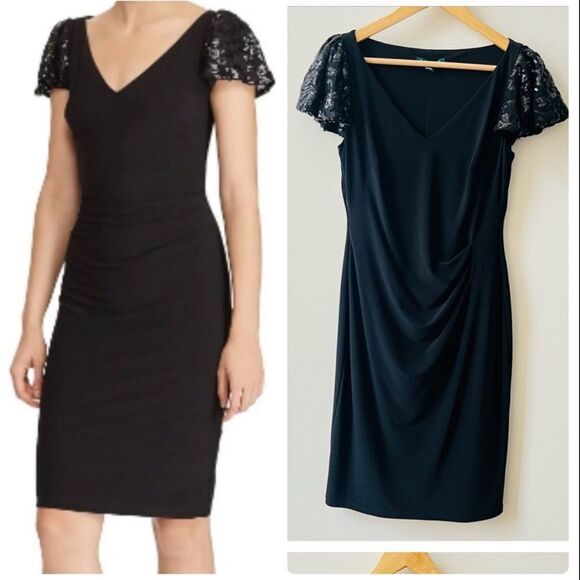 Lauren Ralph Lauren Black sequin Flutter-Sleeve Evening formal Sheath Dress SZ 4 - Picture 1 of 8